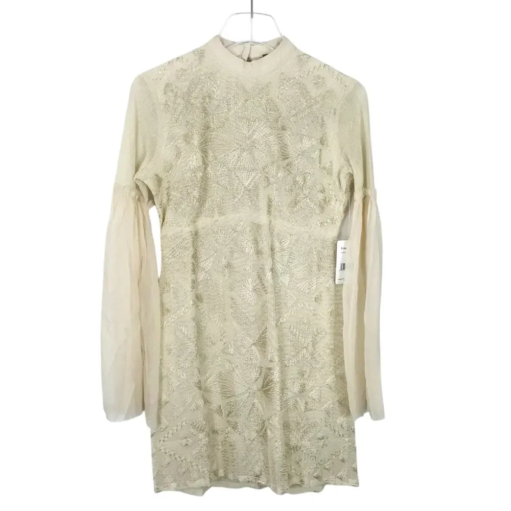 Free People Cleo Embroidered Mini Dress Bell Sleeves Open Back Size 0 NEW